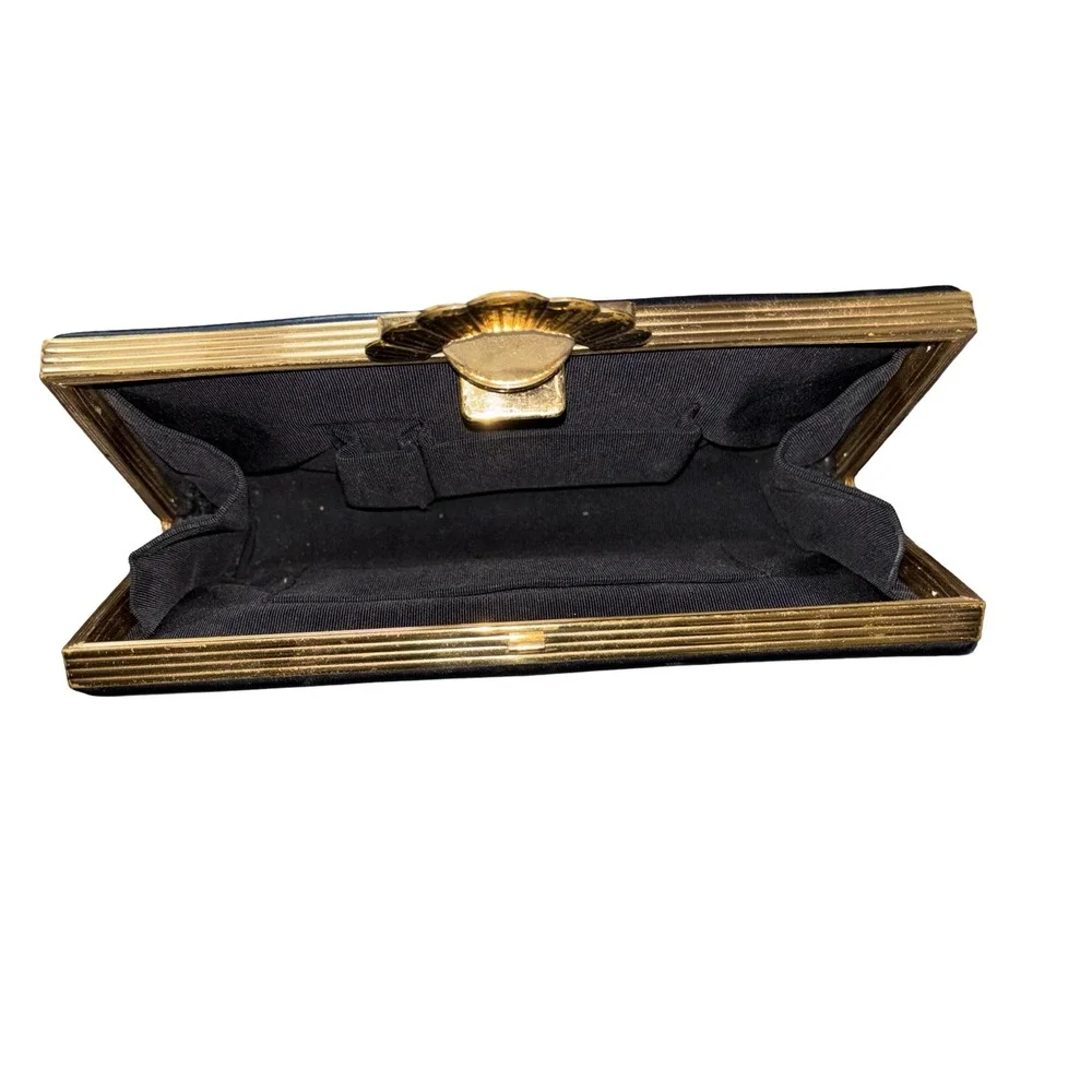 Vintage Black Leather Clutch Bag Gold Fan Clasp Evening Bag Purse Art Deco Style